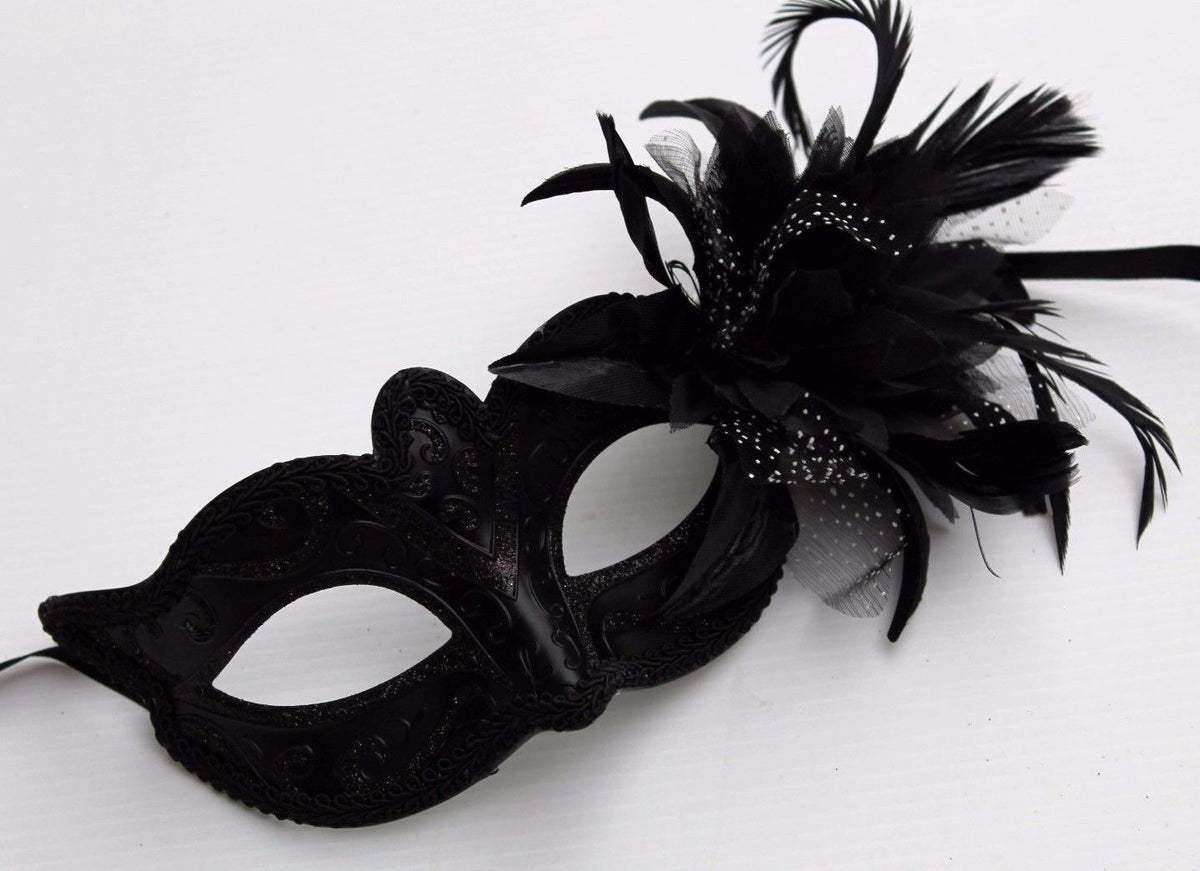 LADIES MIDNIGHT BLACK WITH FLOWER STUNNING VENETIAN MASQUERADE PARTY EYE MASK
