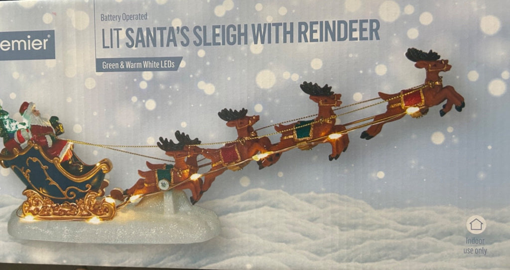 Flashing LED Light Up Santa & Sleigh with 8 Reindeer Figurine Ornament 34cm Long