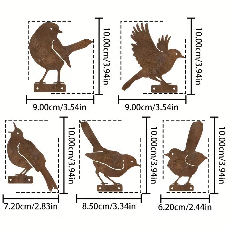 5 x Rusty Metal British Birds Silhouettes Approx 10cm Tall Garden Decoration