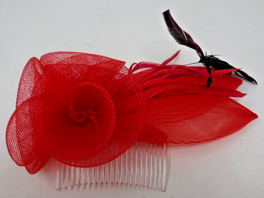 Red Fascinator Stiffened Net 3 Floral Rosettes & Petals Fine Feathers Clear Comb