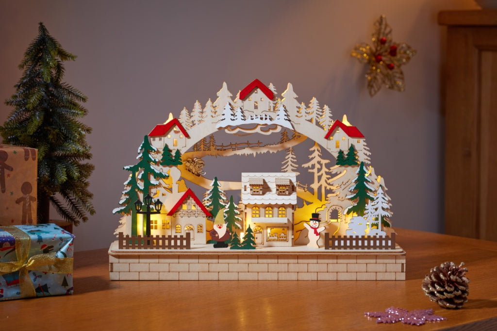 Wooden Alpine Christmas Village  LED Light Up Decoration 41cm Cut-out Design