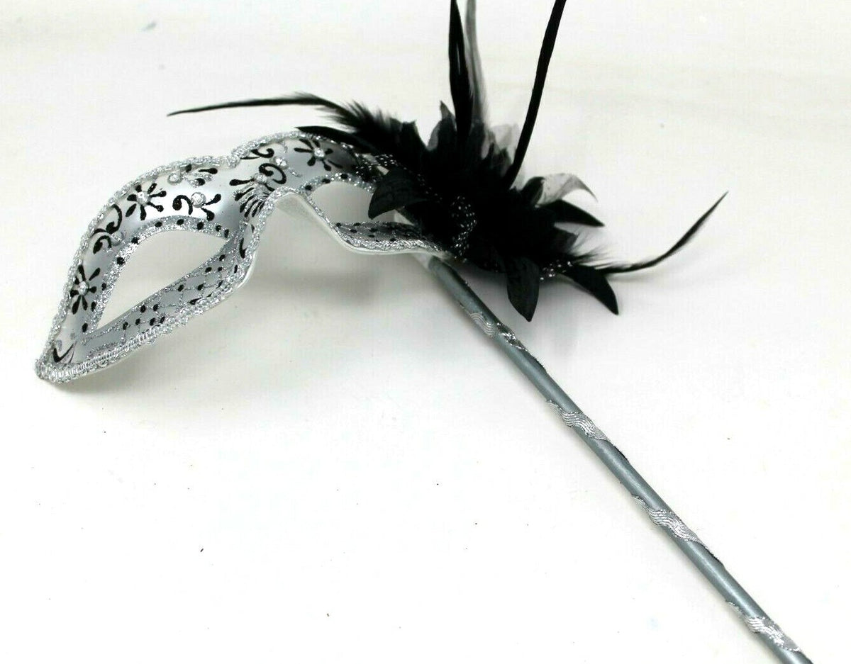 GLITTERING JEWELS BLACK & SILVER VENETIAN MASQUERADE PARTY MASK ON A HAND STICK