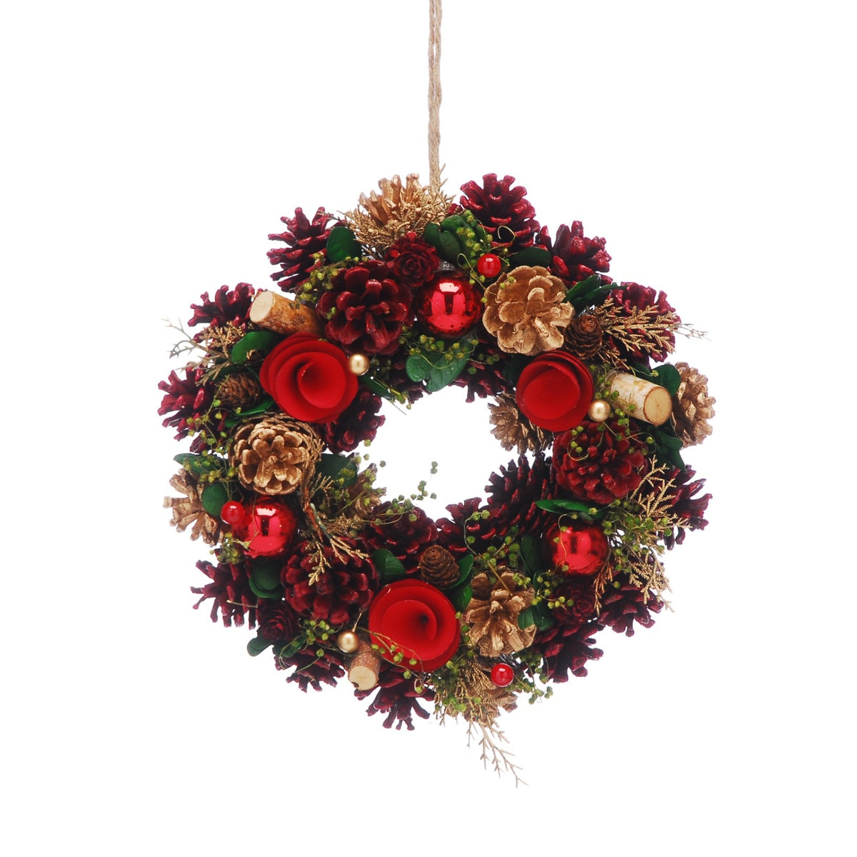 30cm Diameter Festive Christmas Wreath Fir Cones Red Baubles Foliage & Flowers