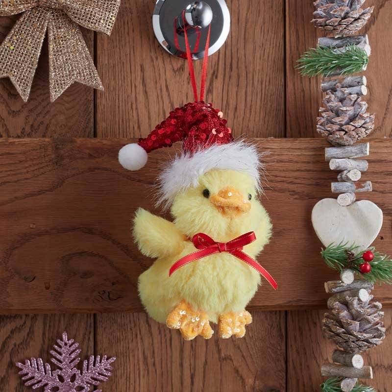 Christmas Tree Hanging Pendant Plush Fluffy Sparkle Duck Sequin Santa Hat  16cm