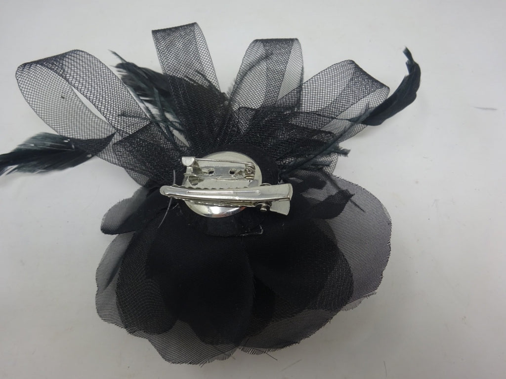 Hair Fascinator Corsage Brooch Black Feathers Looped Net Fabric and Rose Flower
