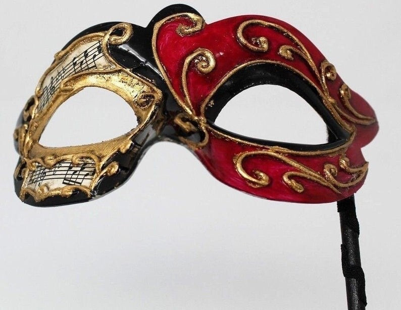 RED BLACK GOLD MUSICAL VENETIAN MASQUERADE CARNIVAL PARTY BALL MASK ON STICK