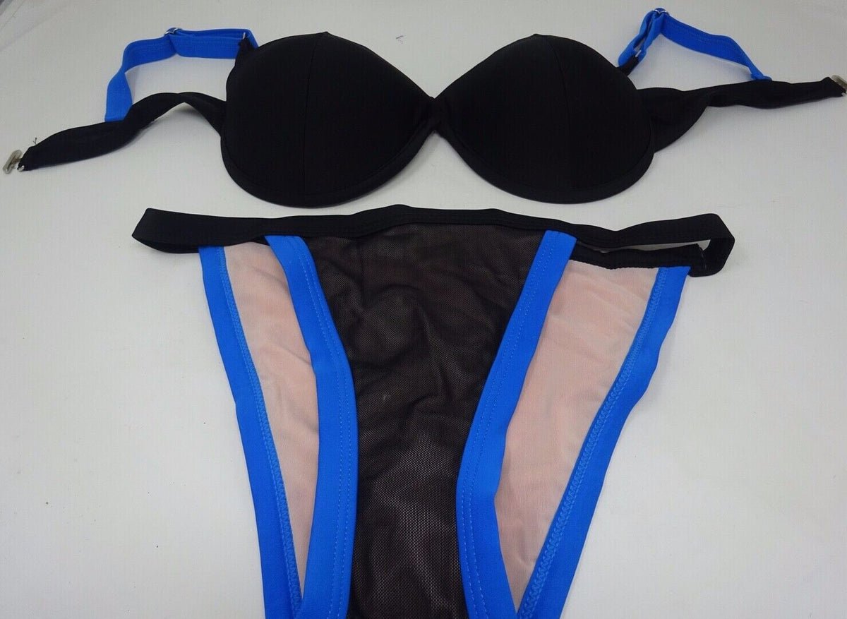 Stylish Padded Push Up Black & Blue Stylish Strappy Bikini Swimsuit Size 8-10