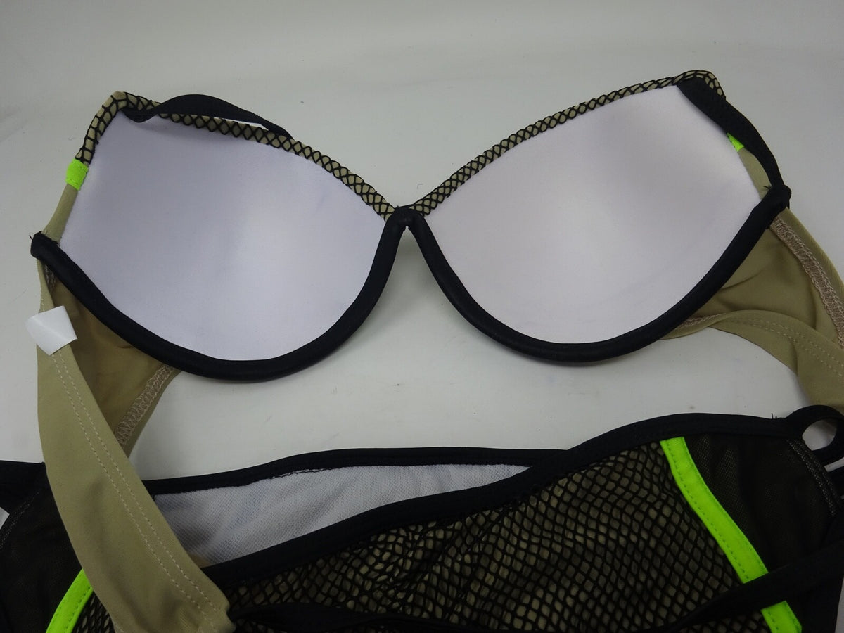 Ladies Stylish 2 Piece Black Brown & Lime Green Padded Bikini Swimsuit Size 10