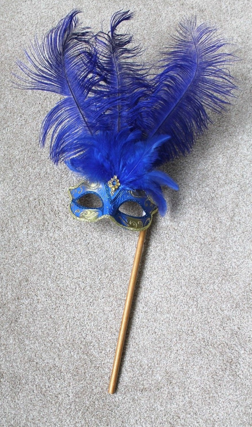 BLUE & GOLD FEATHER HAND HELD MASK & STICK VENETIAN CARNIVAL MASQUERADE PARTY