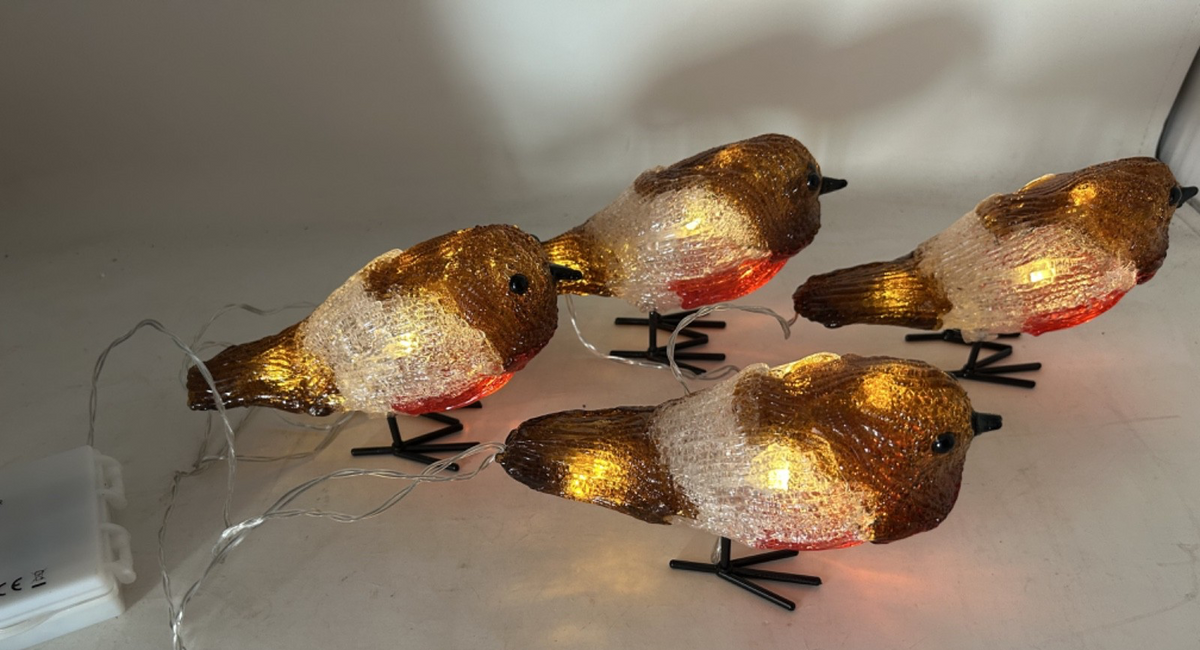 Christmas LED Light Up 4 Acrylic Robins Decoration 16cm Timer Indoor Outdoor