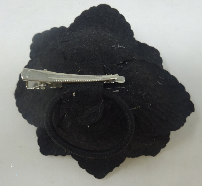 Hair Fascinator Corsage & Brooch Black Fabric Rose Flower Clip & Elastic Fasten