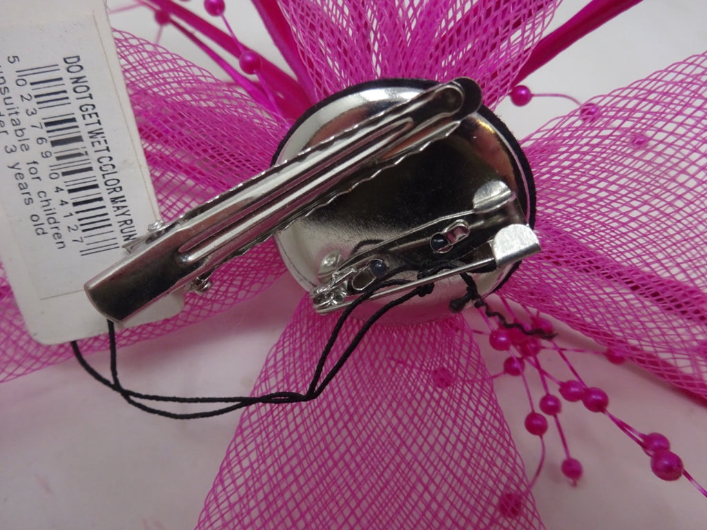 Hot Pink Corsage Brooch Fascinator Stiffened Net Fine Feathers & Beaded Stamens