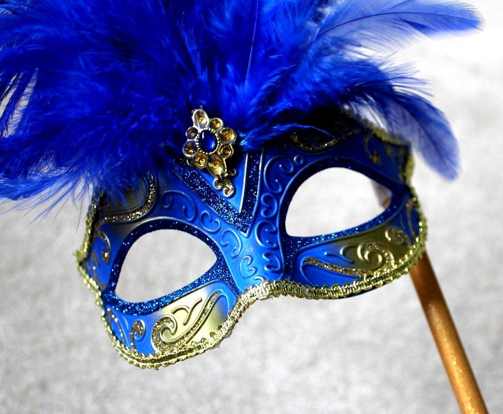 BLUE & GOLD FEATHER HAND HELD MASK & STICK VENETIAN CARNIVAL MASQUERADE PARTY