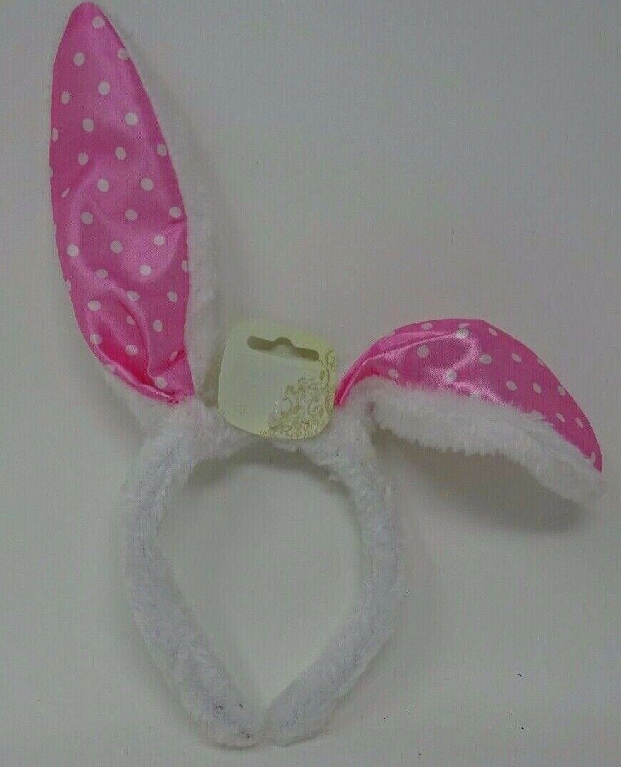 Pink & White Spots Fur Furry Rabbit Bunny Ears on a Fur Headband 28cm Easter