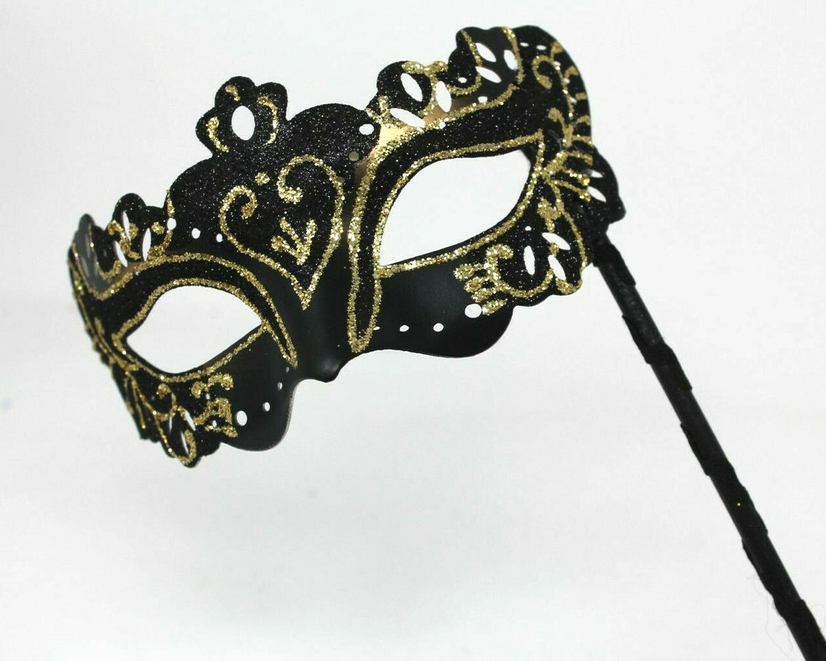 Black & Gold Venetian Masquerade Party Prom Carnival Eye Mask Hand Held Stick