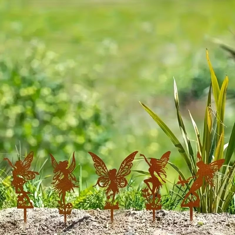 5 x Rust Effect Acrylic Fairies Silhouettes Each is 20cm Tall Garden Decoration