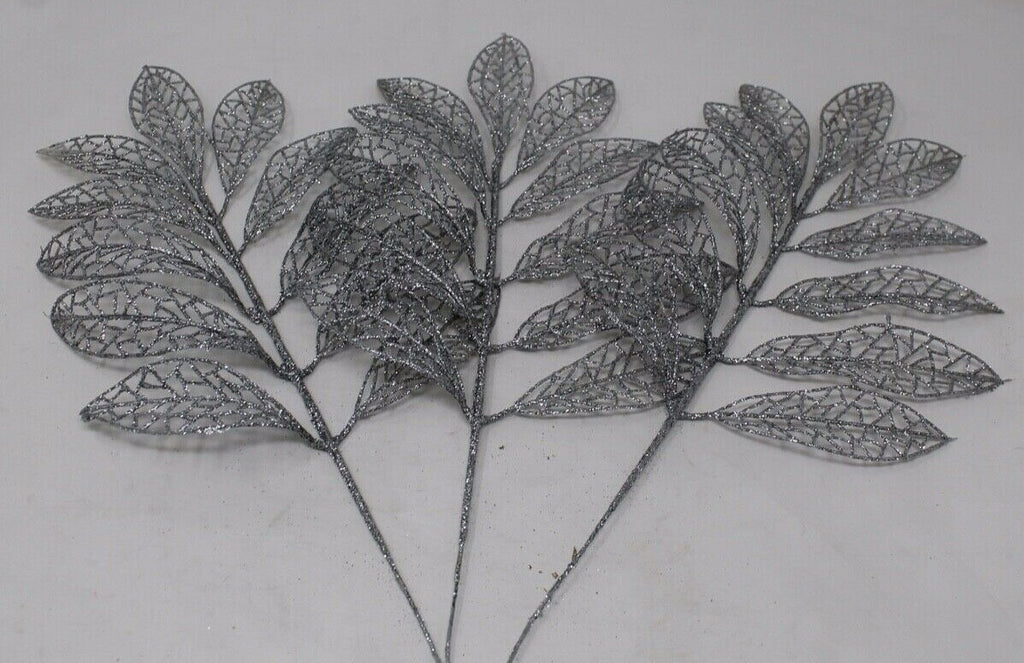 6 x Artificial Silver Glitter Leaves Christmas Decoration Wreath 32cm Long