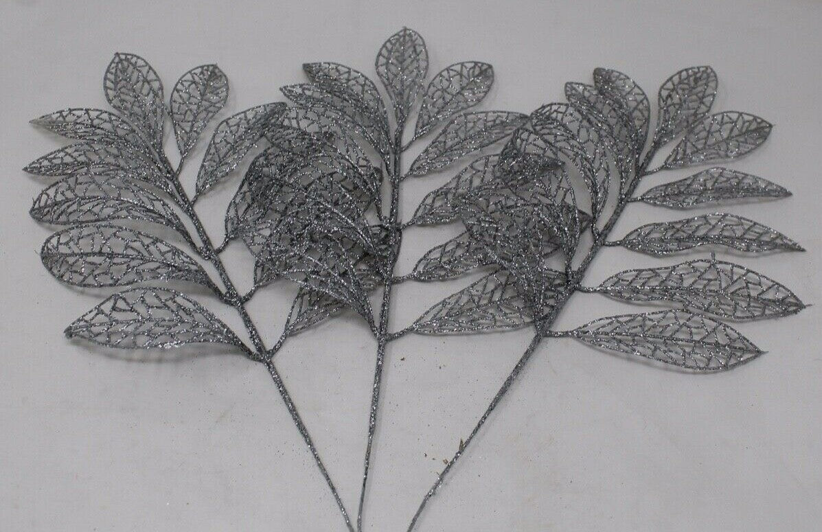 6 x Artificial Silver Glitter Leaves Christmas Decoration Wreath 32cm Long