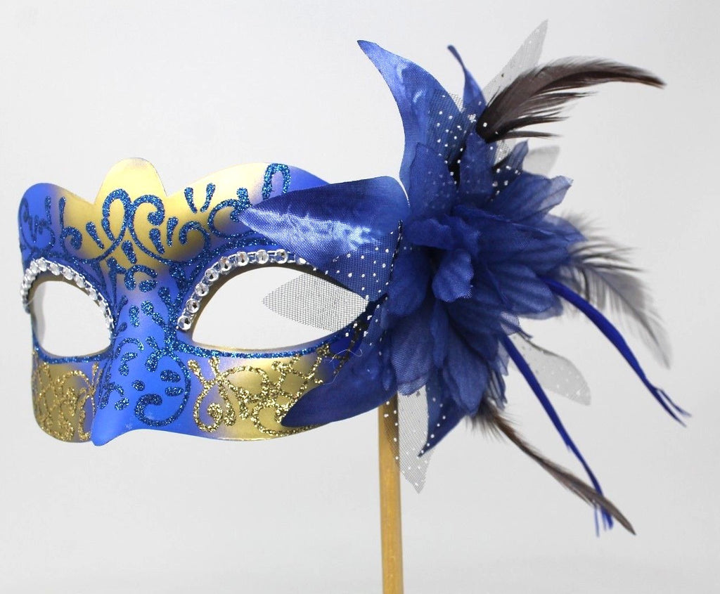 STUNNING BLUE & GOLD VENETIAN MASQUERADE PARTY EYE MASK ON A HAND HELD STICK