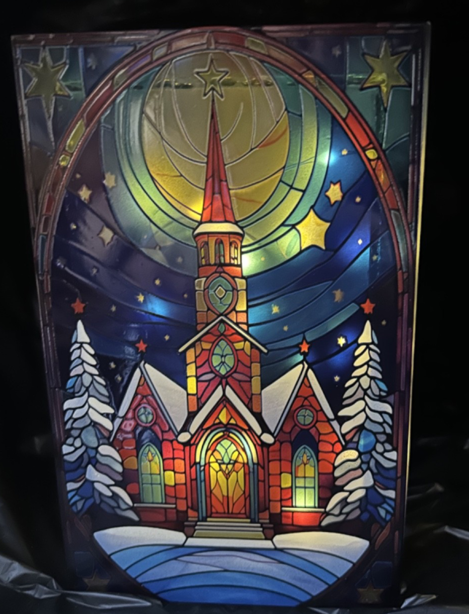Stained Glass Warm White LED Lights Church Christmas Decoration 21cm Double Side