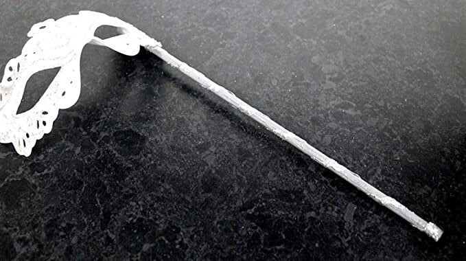 WHITE & SILVER RIALTO VENETIAN MASQUERADE PARTY CARNIVAL BALL ON HAND HELD STICK