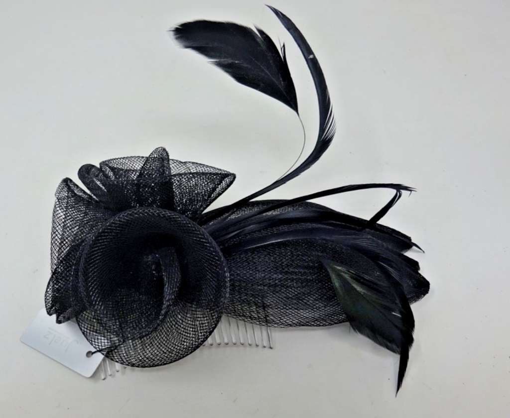 Hair Fascinator on a Clear Comb Black Feathers Stiffened Net Fabric Petals 19cm