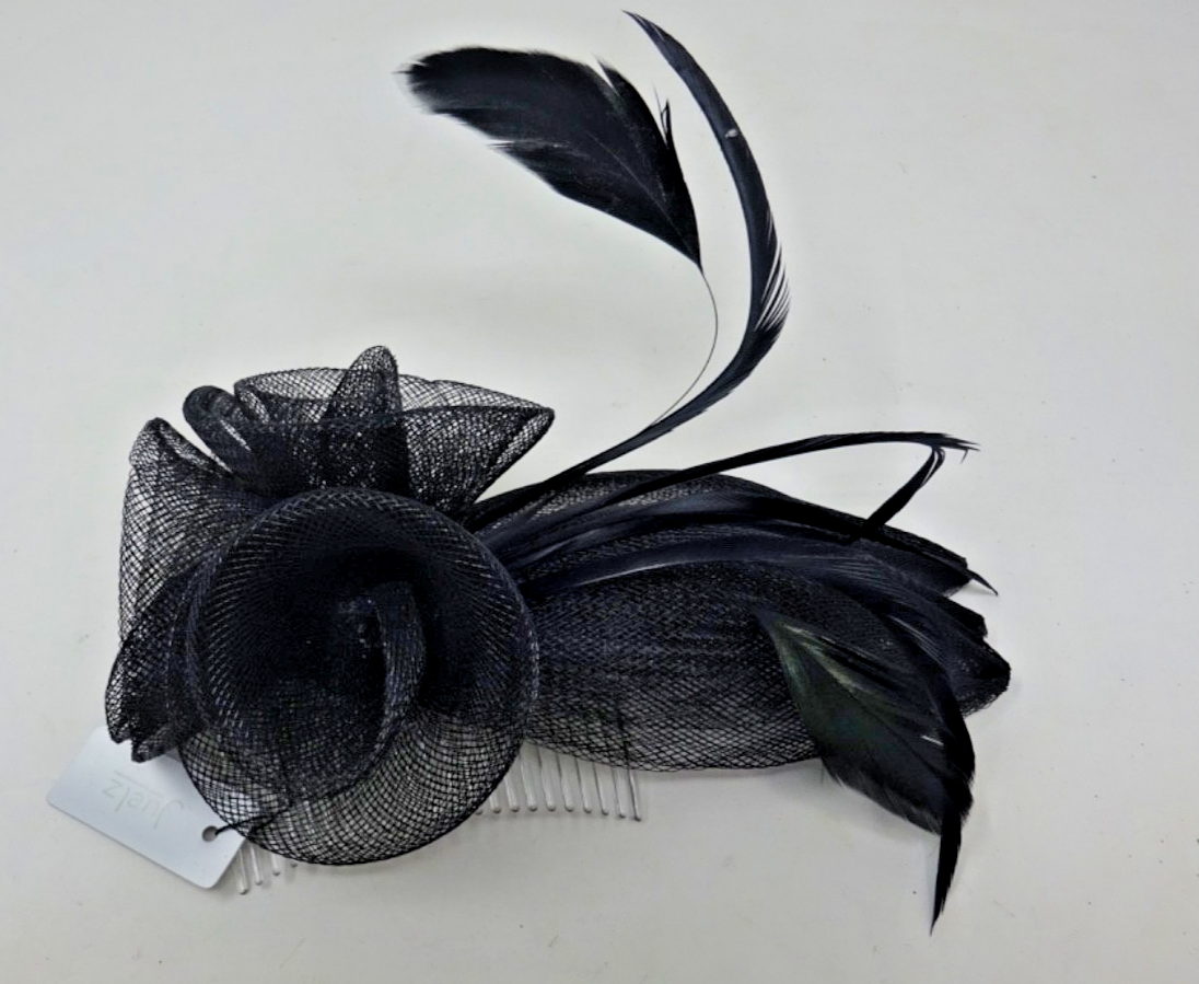 Hair Fascinator on a Clear Comb Black Feathers Stiffened Net Fabric Petals 19cm