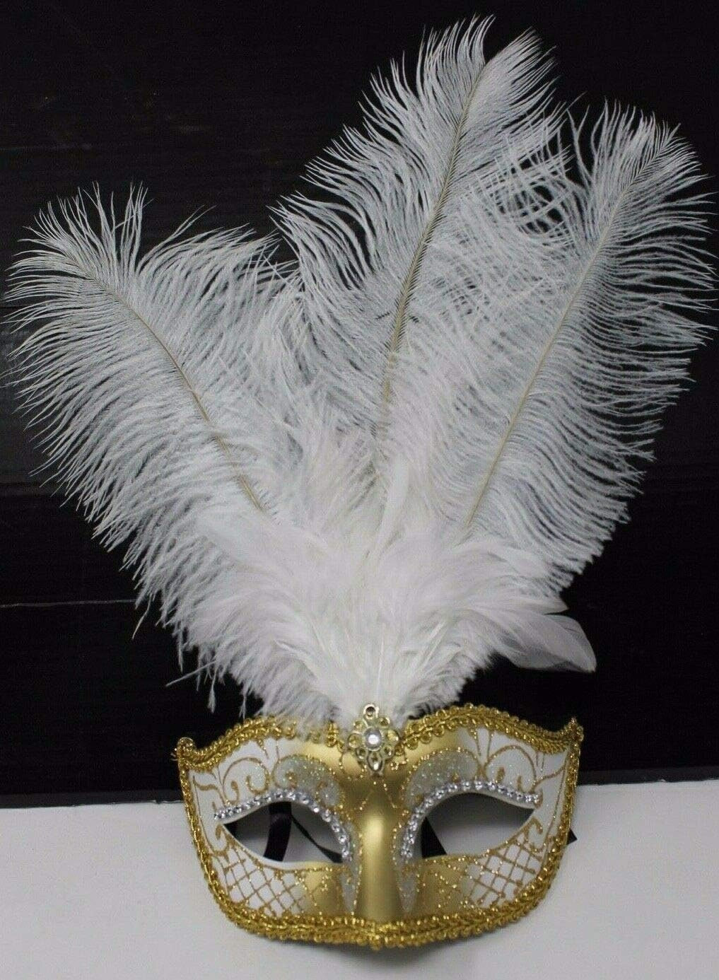LADIES WHITE & GOLD VENETIAN MASQUERADE PARTY CARNIVAL BALL EYE FEATHER MASK
