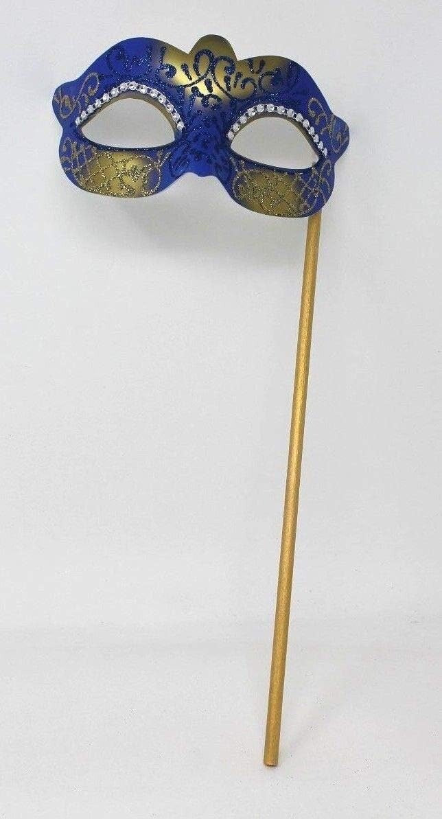BLUE & GOLD VENETIAN MASQUERADE PARTY EYE MASK ON A HAND HELD STICK & DIAMONTES