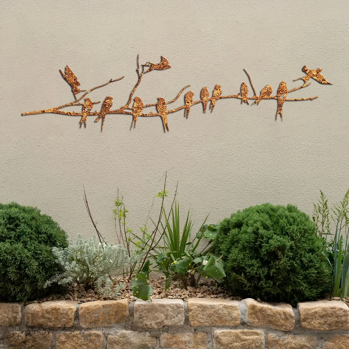 Rusty Metal Birds on a Branch Tree Silhouette 50cm x 13cm Garden Wall Art