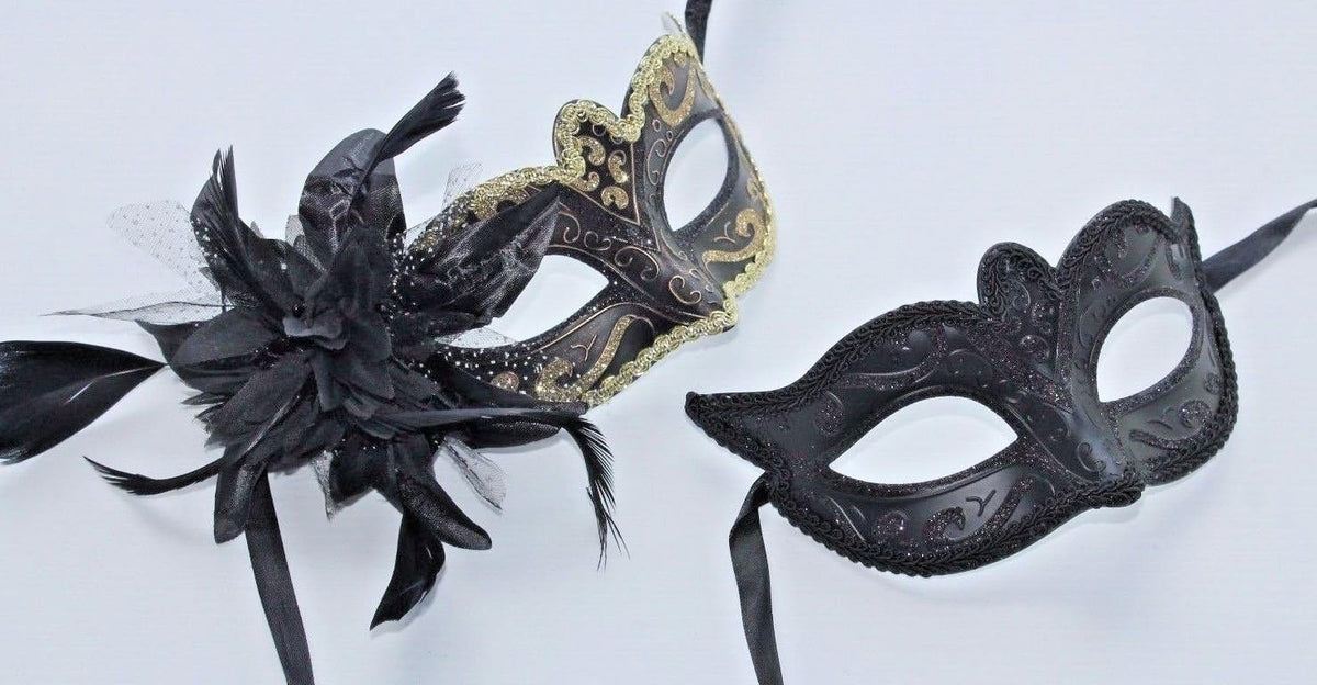 HIS N HERS PAIR COUPLES CO-ORDINATED BLACK VENETIAN MASQUERADE PARTY EYE MASKS