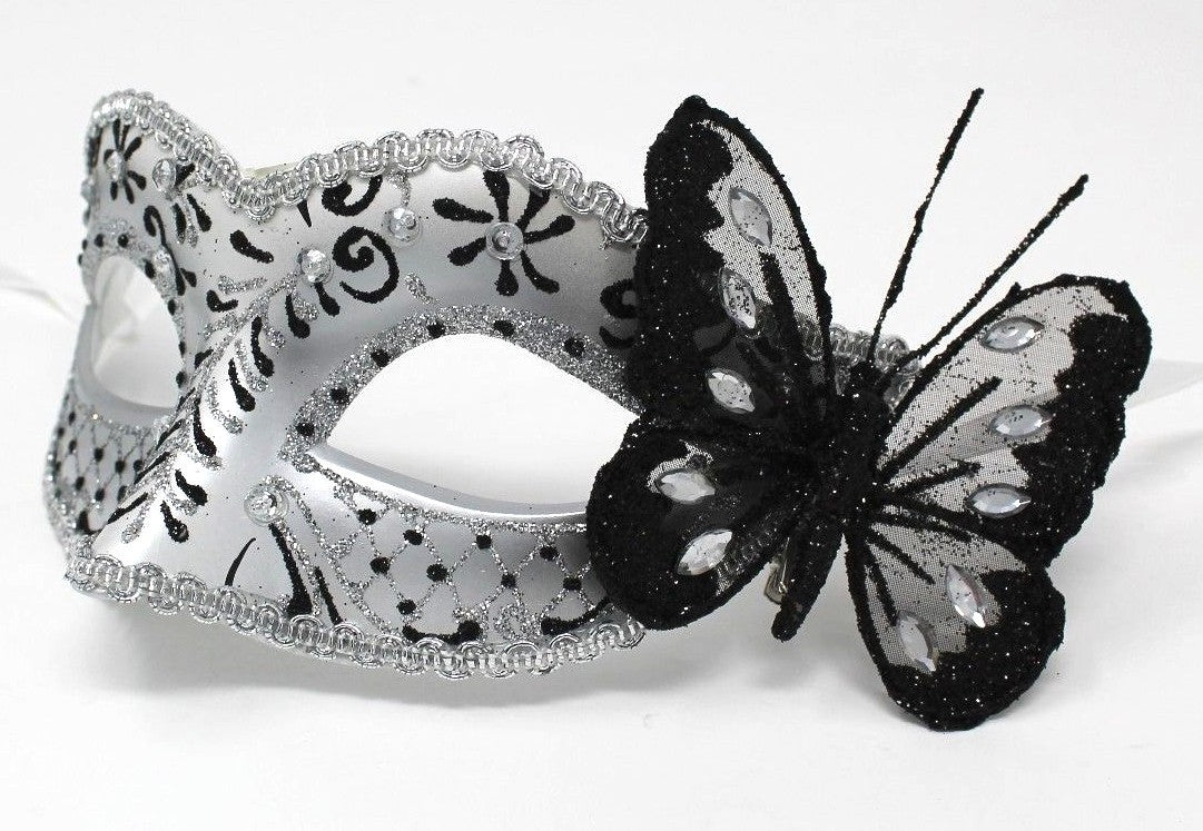 BLACK & SILVER JEWELLED BUTTERFLY MASK VENETIAN MASQUERADE PARTY CARNIVAL BALL