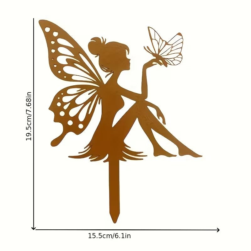 Rusty Patina Metal Fairy with Butterfly on Stake 20cm Tall Garden Pot Decoration