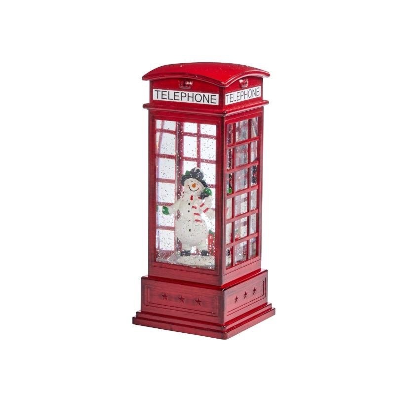 Christmas LED Water Spinner Glitter Snow Telephone Box Snowman Lantern 26cm Tall