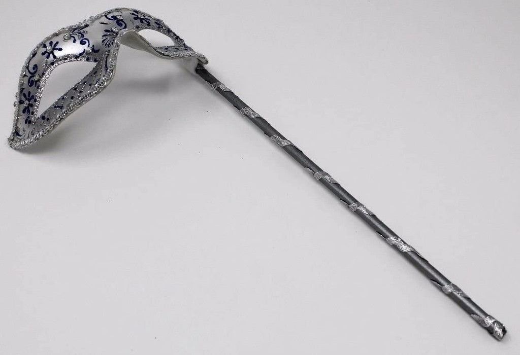 BLUE & SILVER JEWELLED VENETIAN MASQUERADE CARNIVAL BALL PARTY MASK ON A STICK