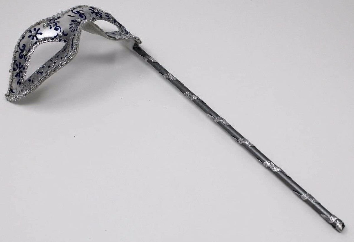 BLUE & SILVER JEWELLED VENETIAN MASQUERADE CARNIVAL BALL PARTY MASK ON A STICK