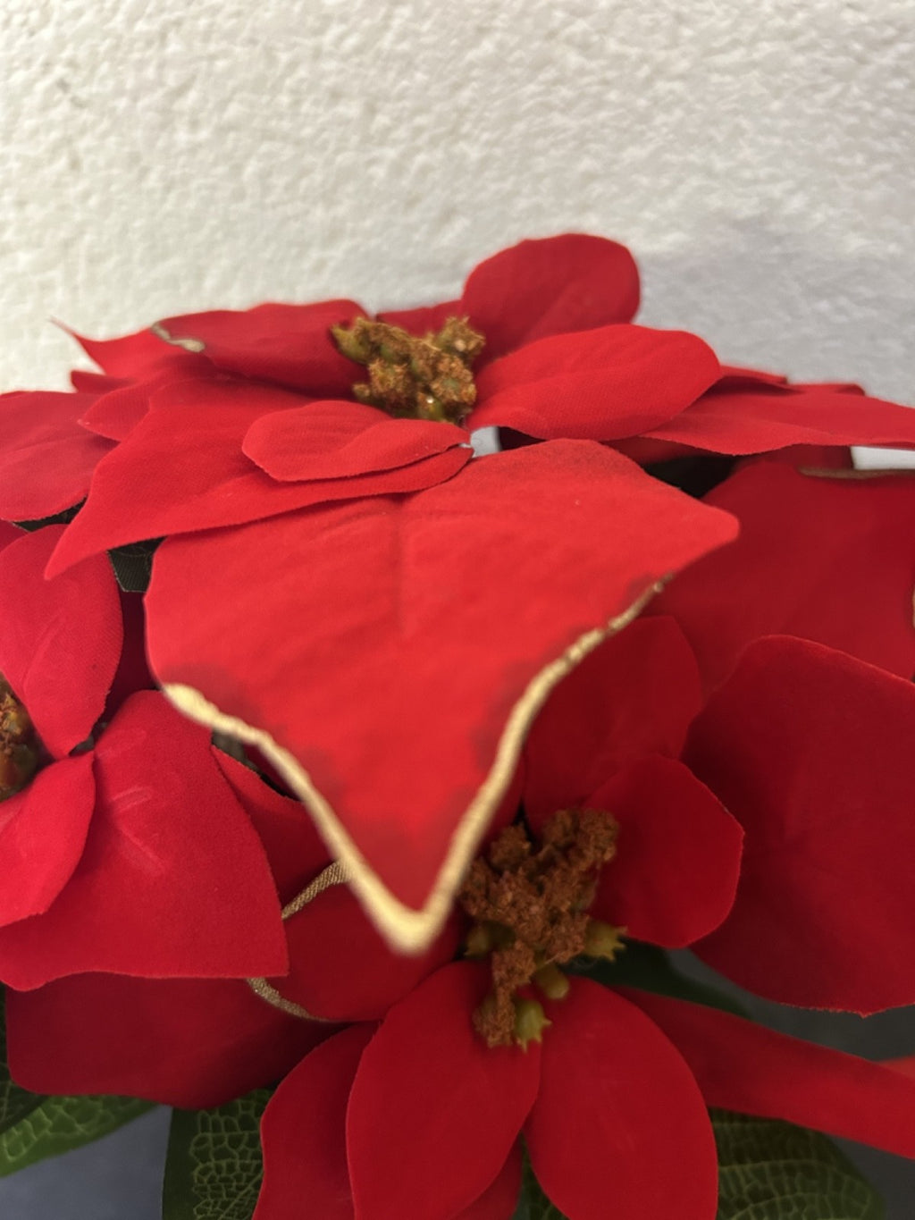 Artificial Floral Christmas Poinsettia Bouquet Hessian Pot Gold Edged Leaves
