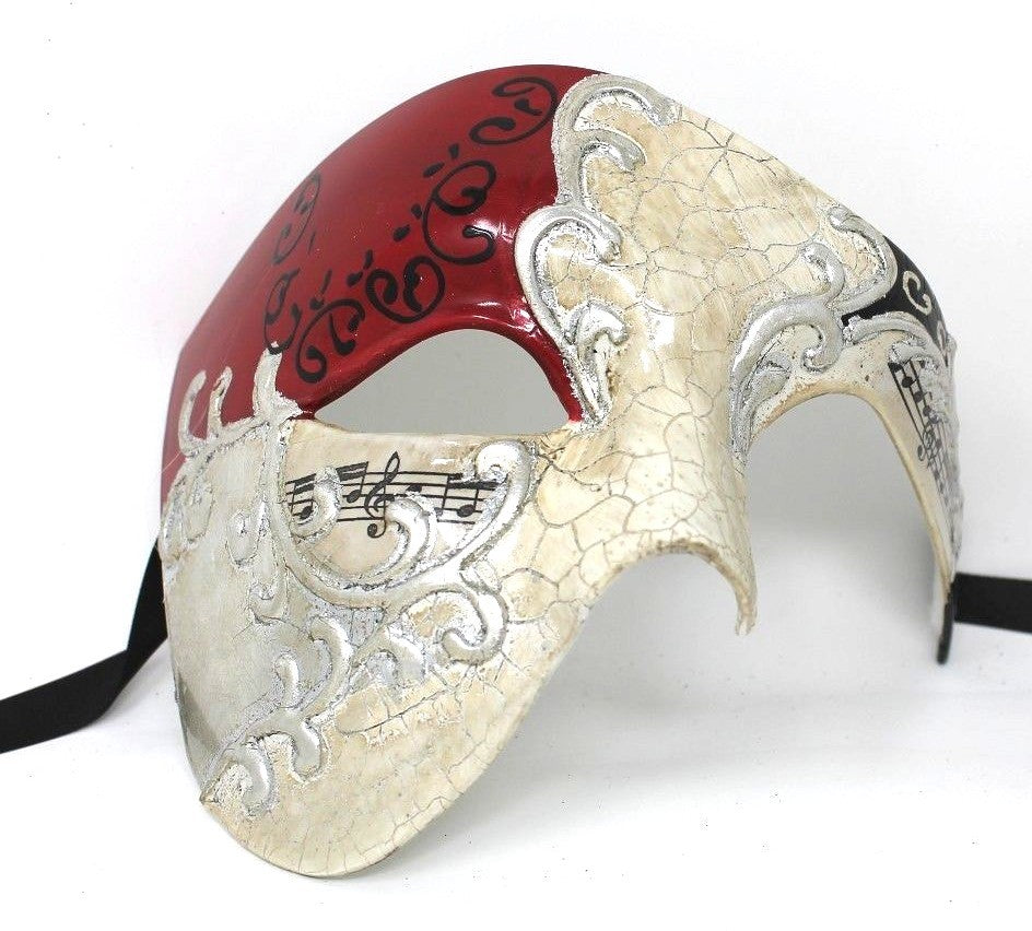 QUALITY RED & SILVER HALF FACE PHANTOM MUSICAL NOTES MASQUERADE MASK