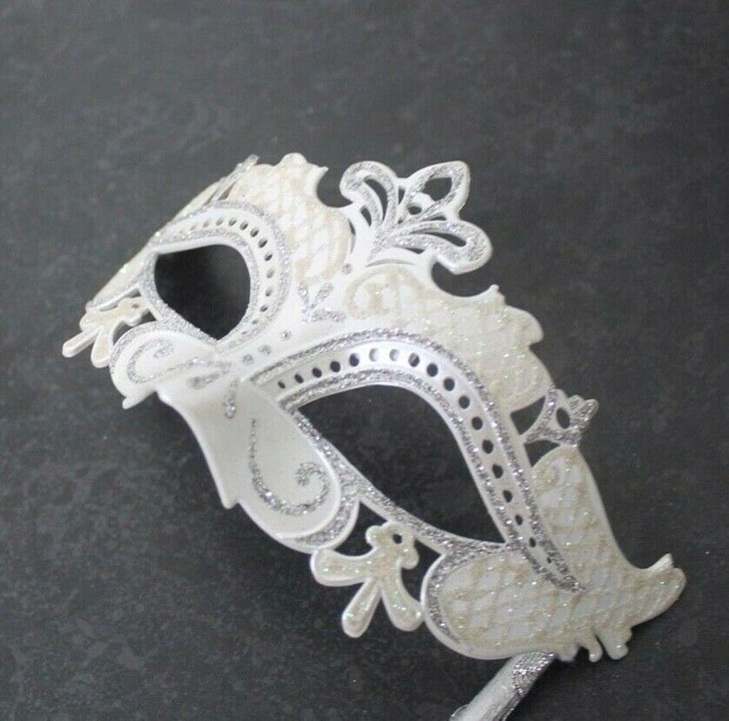SILVER WHITE RIALTO VENETIAN CARNIVAL MASQUERADE PARTY EYE BALL MASK ON A STICK