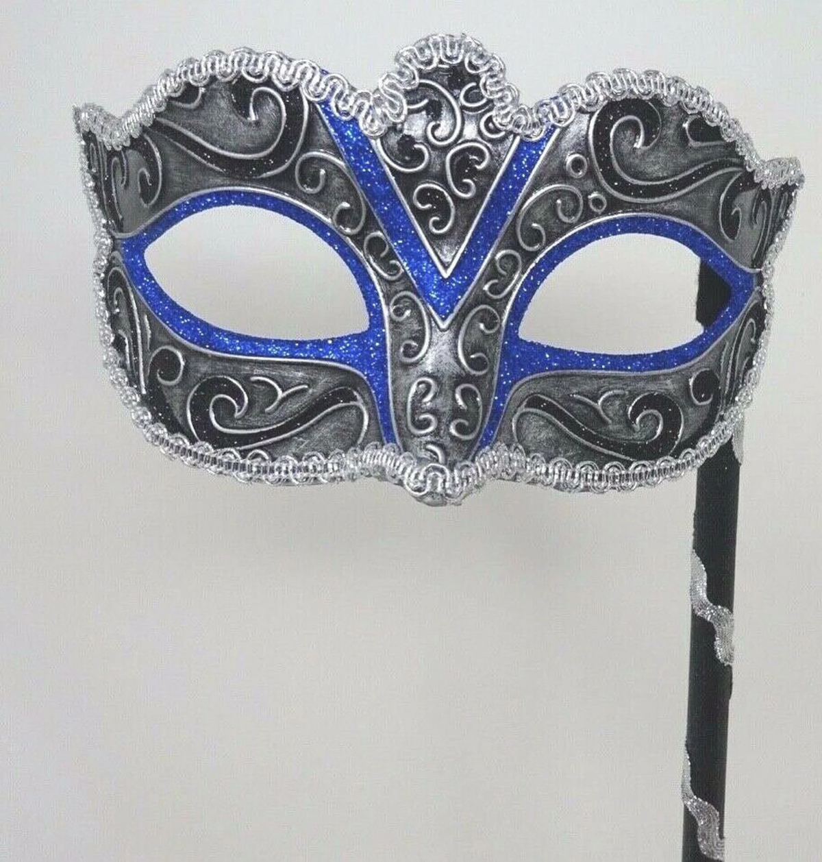 BLACK BLUE & SILVER BRAID VENETIAN MASQUERADE PARTY CARNIVAL BALL MASK HAND HELD