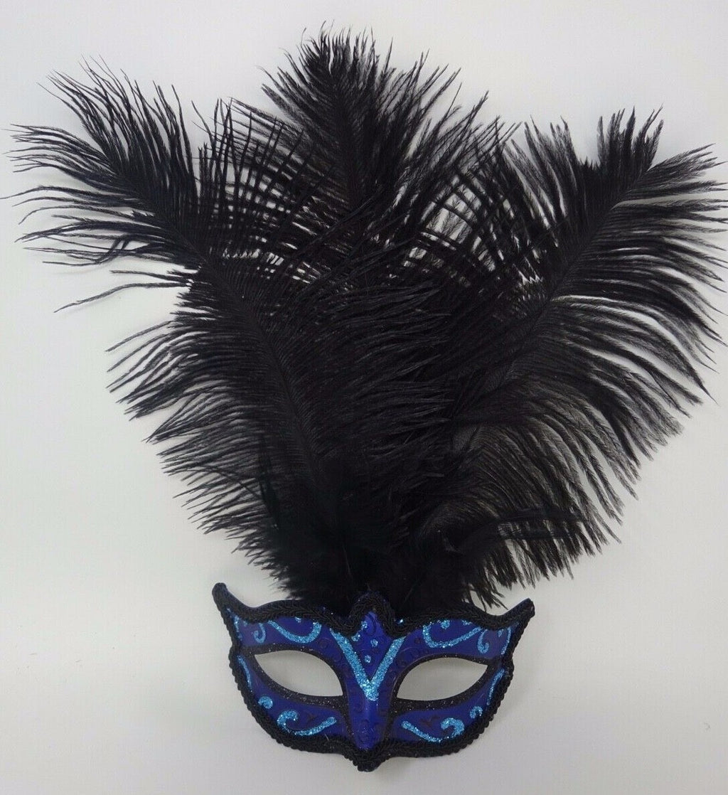 BLUE BLACK TURQUOISE VENETIAN MASQUERADE CARNIVAL BALL PARTY EYE FEATHER MASK