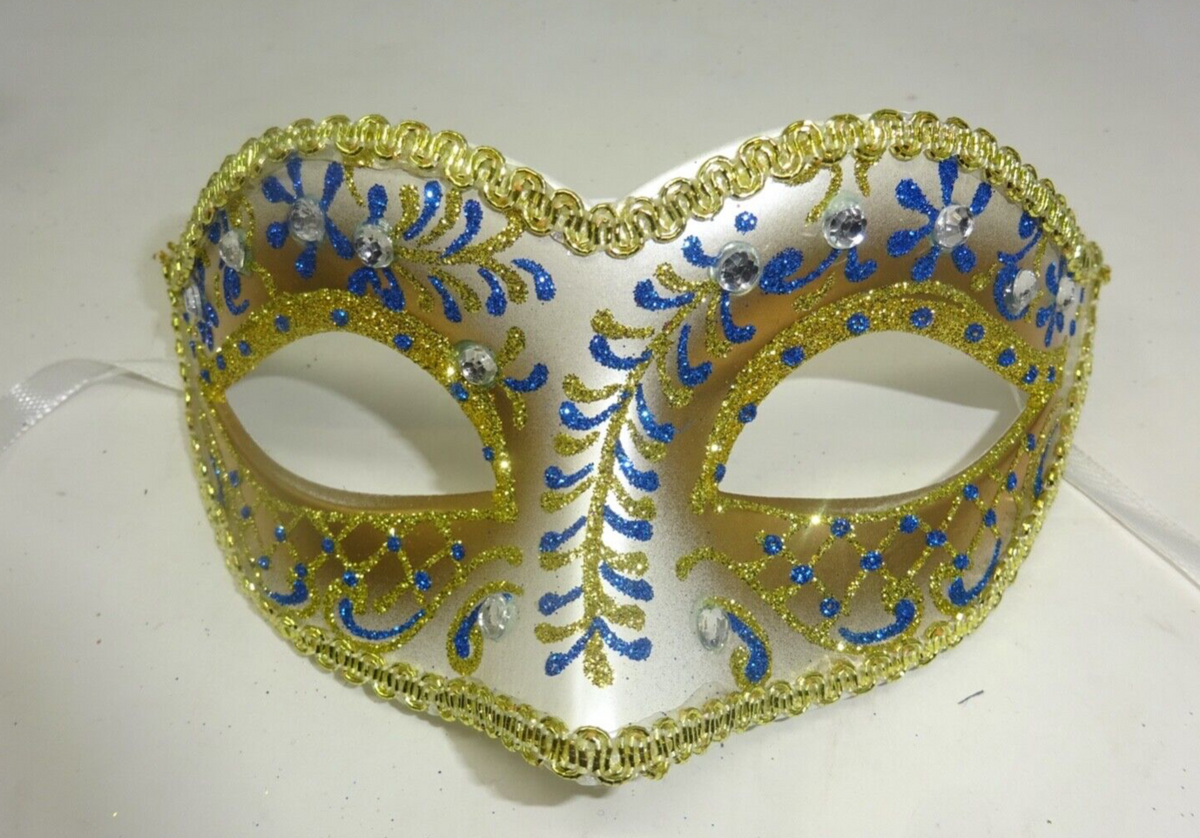 BLUE IVORY GOLD VENETIAN MASQUERADE PARTY BALL EYE CARNIVAL WITH DIAMONTES MASK