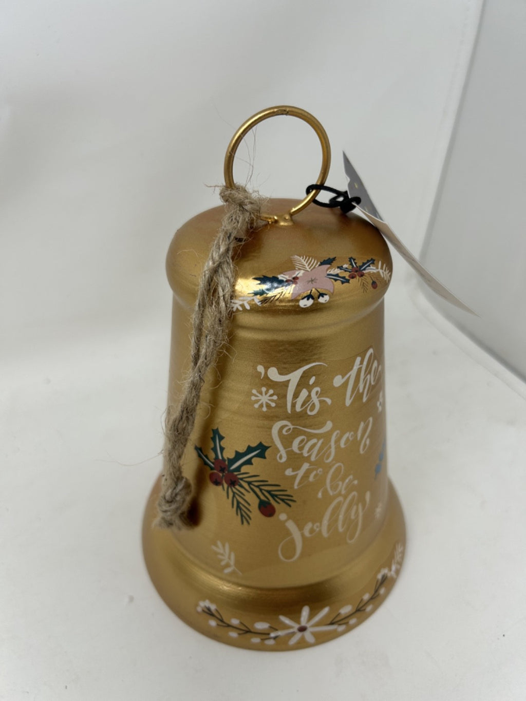 Gold Metal Bell Christmas Decoration 'Tis the Season to be Jolly' Message 19cm