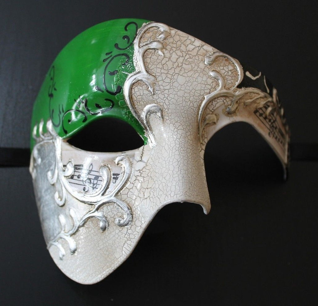 QUALITY GREEN & SILVER HALF FACE PHANTOM MUSICAL NOTES MASQUERADE MASK