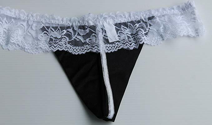 Ladies Black Satin & White Lace Ladies Panties Thong G-String Size 8-10