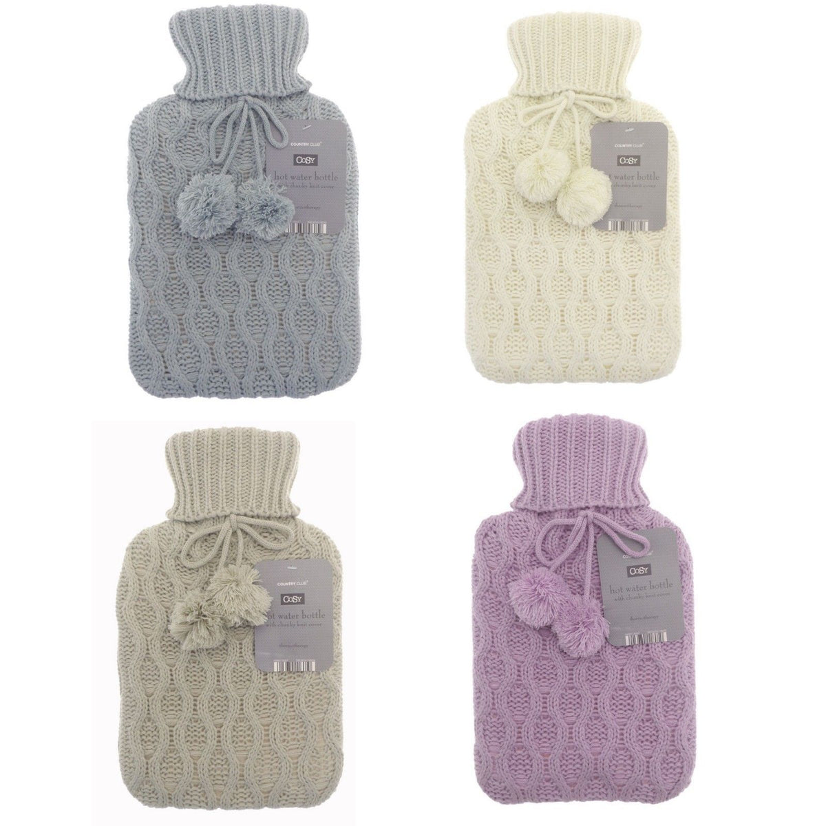 2 Litre Natural Rubber Hot Water Bottle Chunky Knit Cable Knitted Pom Pom Cover