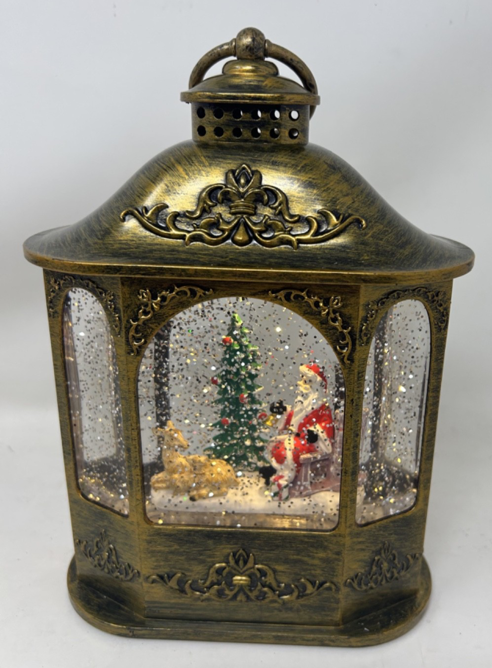 Santa Reindeer & Tree Scene Water Spinner Lantern 21 cm Antique Gold Decoration