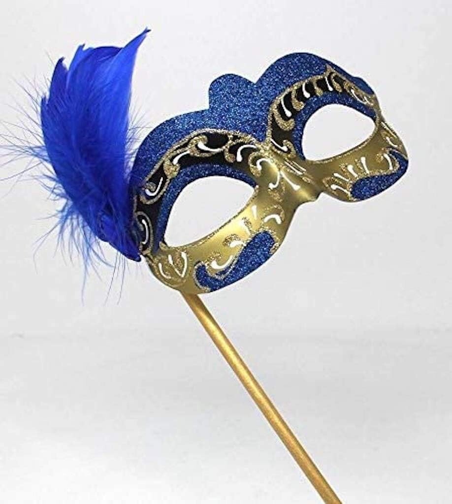 BLUE & GOLD VENETIAN CARNIVAL MASQUERADE PARTY BALL FEATHER MASK HAND HELD STICK