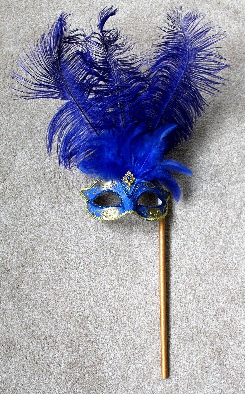 BLUE & GOLD FEATHER HAND HELD MASK & STICK VENETIAN CARNIVAL MASQUERADE PARTY