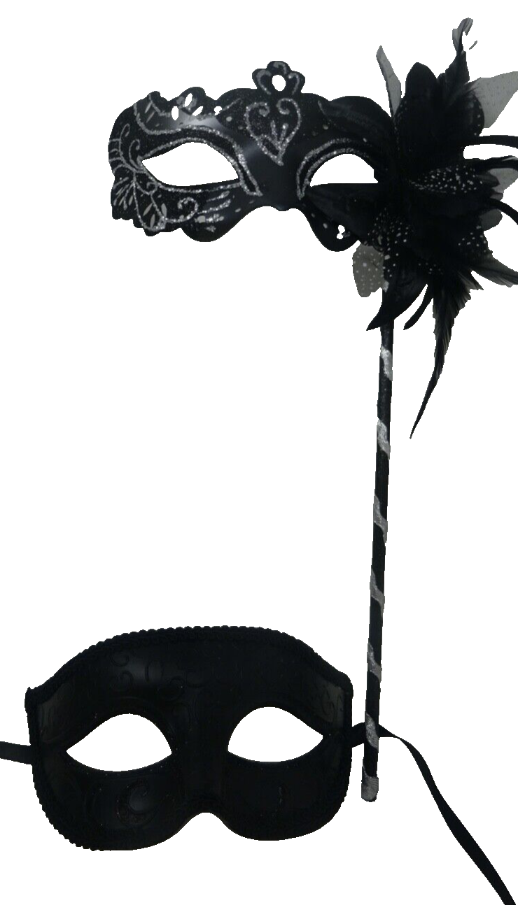 COUPLES SILVER & BLACK VENETIAN MASQUERADE PARTY CARNIVAL EYE BALL MASK ON STICK